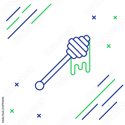 Blue and green line Honey dipper stick with dripping honey icon isolated on white background. Honey ladle. Colorful outline concept. Vector Illustration