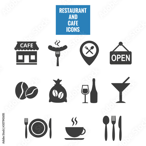 Restaurant and cafe icons set on white background.