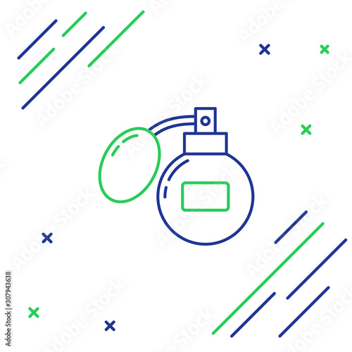 Blue and green line Aftershave icon isolated on white background. Cologne spray icon. Male perfume bottle. Colorful outline concept. Vector Illustration