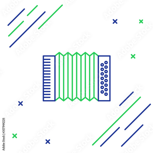 Blue and green line Musical instrument accordion icon isolated on white background. Classical bayan, harmonic. Colorful outline concept. Vector Illustration