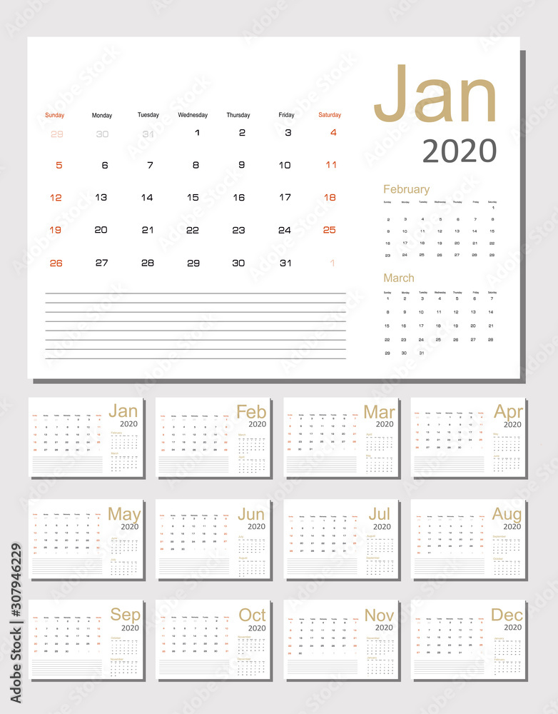 2020 Calendar Planner Design. Monthly scheduler. Week starts on Sunday. Set of 12 months. Vector illustrator. 2020 Calendar Planner Design. Monthly scheduler. Week starts on Sunday. Set of 12 months. Vector illustrator.