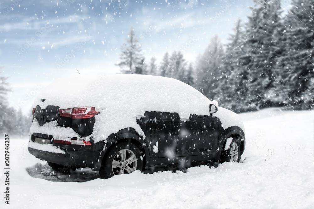 Black car of snow and free space for your decoration. Black car of snow and free space for your decoration.
