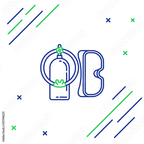 Blue and green line Diving mask and aqualung icon isolated on white background. Oxygen tank for diver. Extreme sport. Sport equipment. Colorful outline concept. Vector Illustration