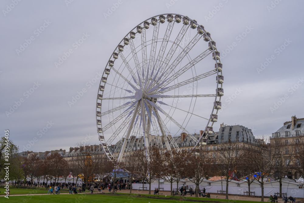 Paris, France - 11 30 2019: The Christmas market and the funfair in the Tuileries Garden