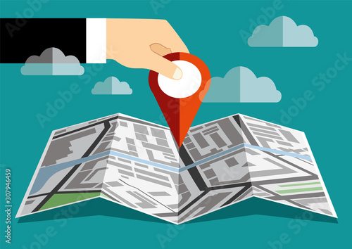 Location pin in hand and paper map. Location on navigation map. Use for, landing page, template, ui, web, mobile app, poster, banner illustration in flat style 