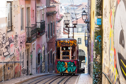 Ascensor da Bica, Tram / Funicular with graffiti in Lisbon, Portugal photo