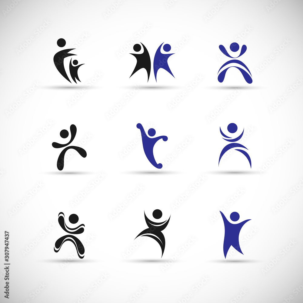 Abstract People Logo Set. Human Figure Isolated On Gray Background. Icons Collection For Human Success, Celebration Logo, Achievement Symbol And Activity. Different Happy People. Figure Logo, Vector Abstract People Logo Set. Human Figure Isolated On Gray Background. Icons Collection For Human Success, Celebration Logo, Achievement Symbol And Activity. Different Happy People. Figure Logo, Vector