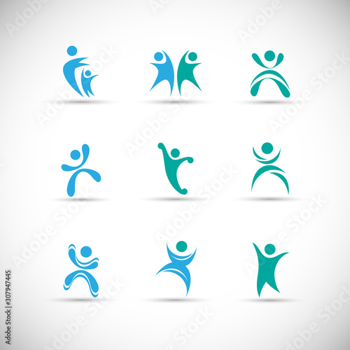 Abstract People Logo Set. Human Figure Isolated On Gray Background. Icons Collection For Human Success, Celebration Logo, Achievement Symbol And Activity. Different Happy People. Figure Logo, Vector