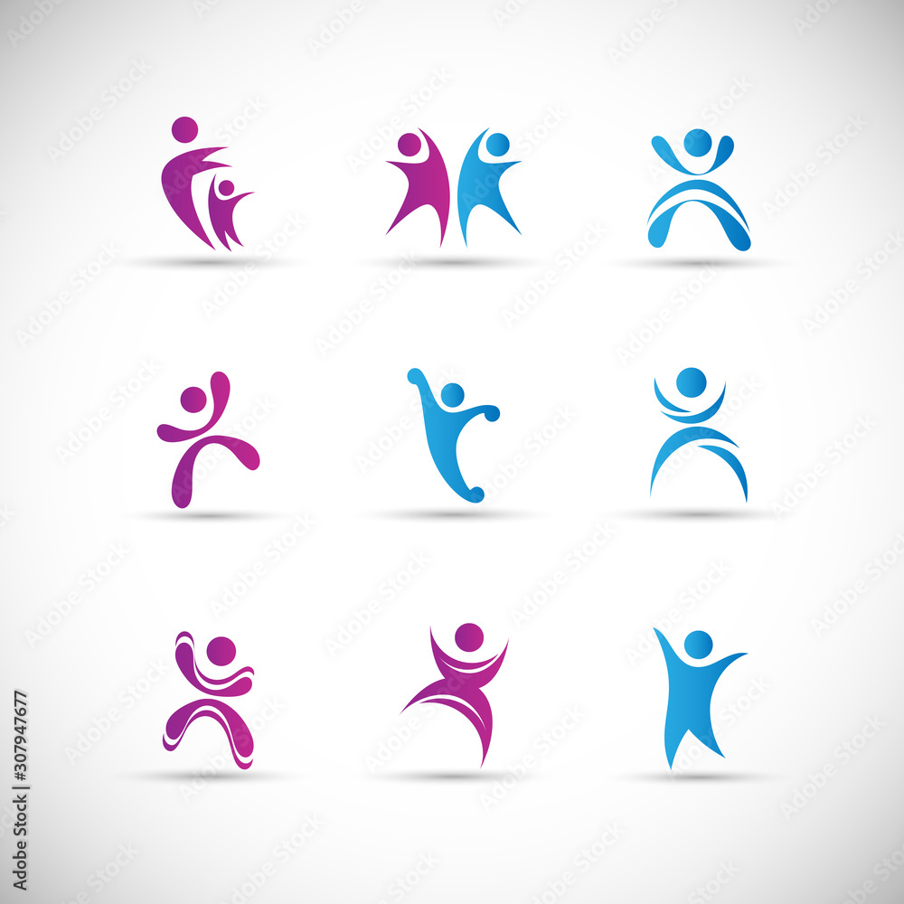 Abstract People Logo Set. Human Figure Isolated On Gray Background. Icons Collection For Human Success, Celebration Logo, Achievement Symbol And Activity. Different Happy People. Figure Logo, Vector