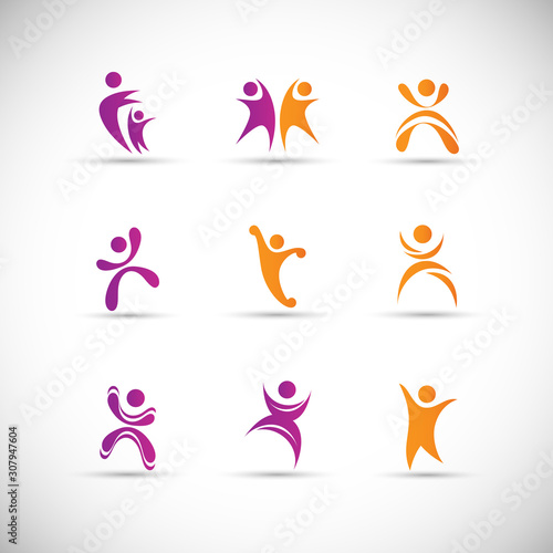 Abstract People Logo Set. Human Figure Isolated On Gray Background. Icons Collection For Human Success, Celebration Logo, Achievement Symbol And Activity. Different Happy People. Figure Logo, Vector