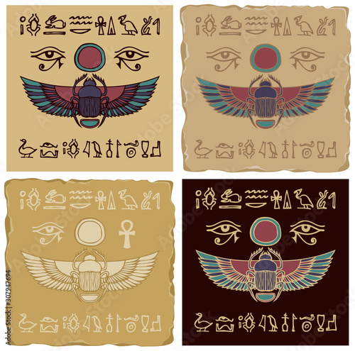 Set of vector banners in the form of ceramic or clay tiles with Egyptian scarab beetle and hieroglyphs. The Ancient Egyptian God Khepri. Advertising posters or flyers for travel Agency in retro style