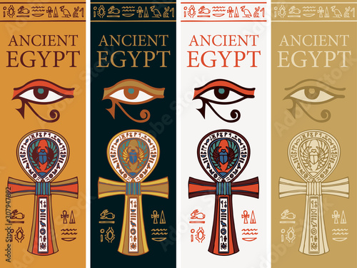 Fotografie Set of vector banners with Coptic Ankh Cross, eye of Horus and hieroglyphs