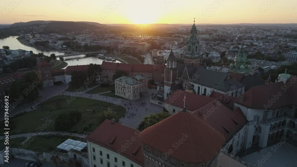 Aerial view. Sunset. Wawel Castle in the historic center of Krakow, Poland. 4K Aerial view. Sunset. Wawel Castle in the historic center of Krakow, Poland. 4K