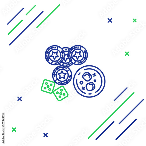 Blue and green line Casino chips, game dice and glass of whiskey with ice cubes icon isolated on white background. Casino poker. Colorful outline concept. Vector Illustration