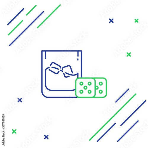 Blue and green line Game dice and glass of whiskey with ice cubes icon isolated on white background. Casino gambling. Colorful outline concept. Vector Illustration