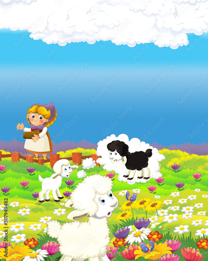 cartoon scene with happy farmer woman on the farm ranch illustration for the children cartoon scene with happy farmer woman on the farm ranch illustration for the children