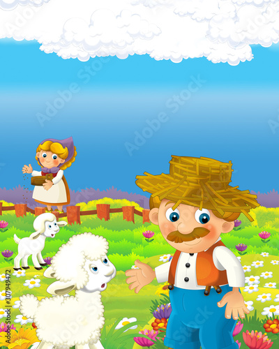 cartoon scene with happy farmer man and woman on the farm ranch illustration for the children © honeyflavour