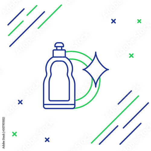 Blue and green line Plastic bottle for liquid laundry detergent, bleach, dishwashing liquid or another cleaning agent icon isolated on white background. Colorful outline concept. Vector Illustration
