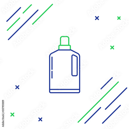 Blue and green line Plastic bottle for liquid laundry detergent, bleach, dishwashing liquid or another cleaning agent icon isolated on white background. Colorful outline concept. Vector Illustration
