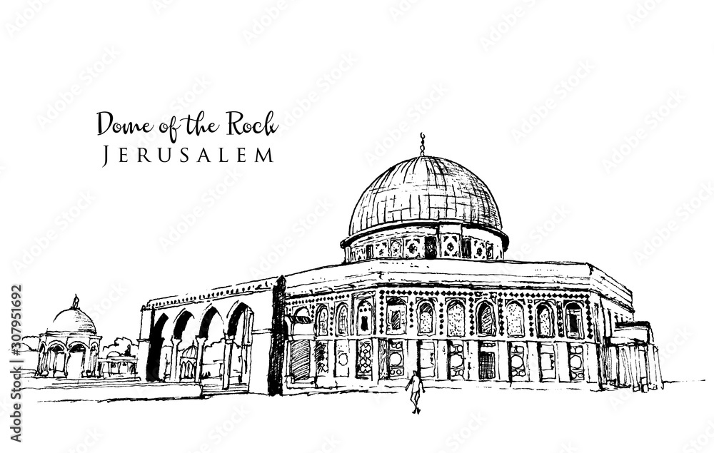 Drawing sketch illustration of Dome of the Rock