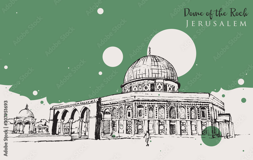 Drawing sketch illustration of Dome of the Rock