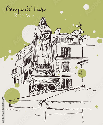 Photography Drawing sketch illustration of Campo di Fiori, Rome