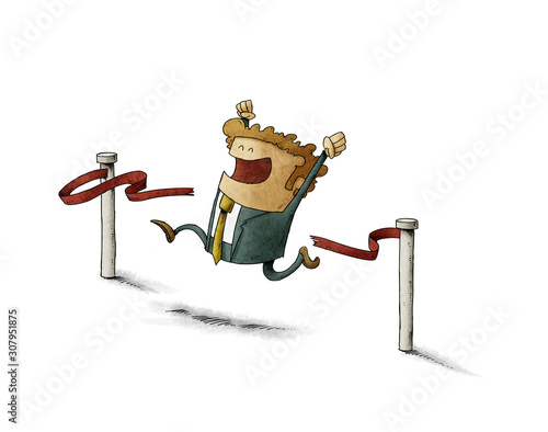 Businessman crosses the finish line breaking the red ribbon. isolated