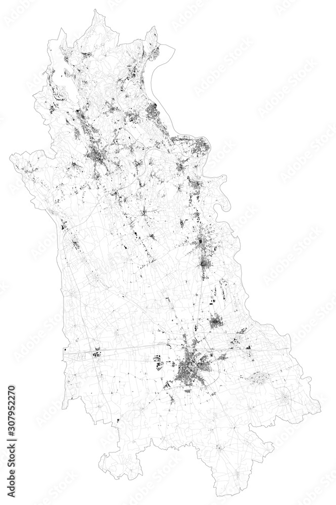 Satellite map of province of Novara, towns and roads, buildings and ...