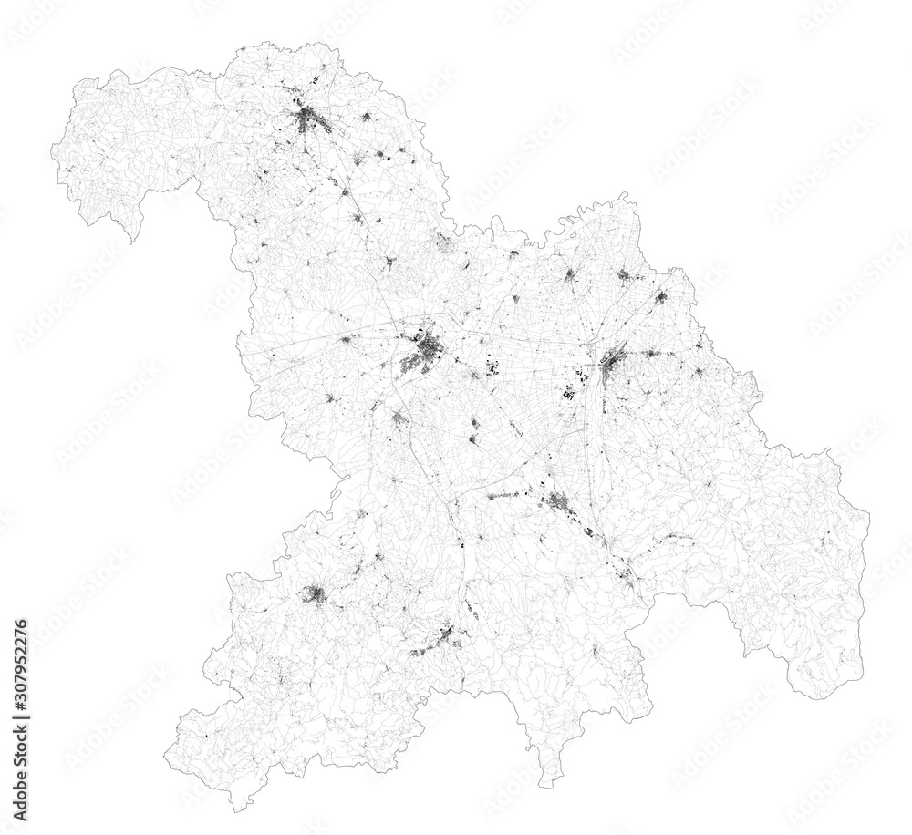 Satellite map of province of Alessandria, towns and roads, buildings and connecting roads of surrounding areas. Piedmont, Italy. Map roads, ring roads