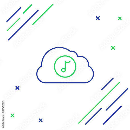 Blue and green line Music streaming service icon isolated on white background. Sound cloud computing, online media streaming, online song, audio wave. Colorful outline concept. Vector Illustration