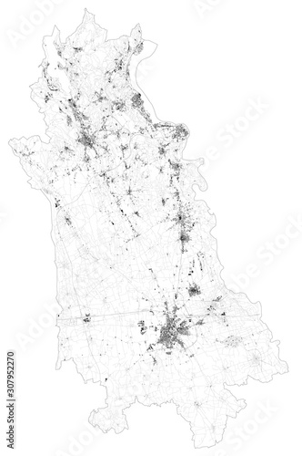 Satellite map of province of Novara, towns and roads, buildings and connecting roads of surrounding areas. Piedmont, Italy. Map roads, ring roads