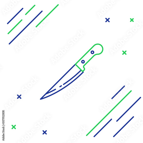 Blue and green line Knife icon isolated on white background. Cutlery symbol. Colorful outline concept. Vector Illustration