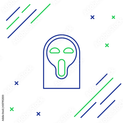 Blue and green line Funny and scary ghost mask for Halloween icon isolated on white background. Happy Halloween party. Colorful outline concept. Vector Illustration