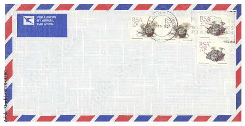 Luftpost airmail Südafrika South Africa Umschlag envelope Pflanzen plants Briefmarken stamps gestempelt used vintage retro Conophytum mundum Didymaotus lapidiformis photo