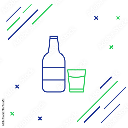Blue and green line Closed glass bottle with milk and glass icon isolated on white background. Colorful outline concept. Vector Illustration