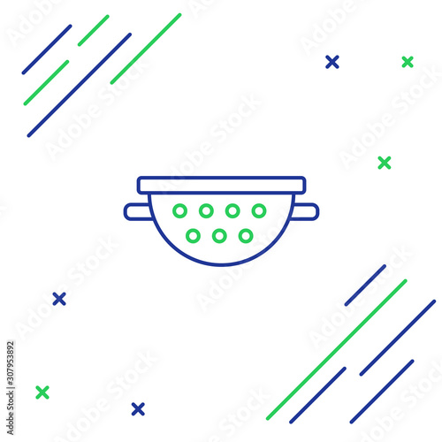 Blue and green line Kitchen colander icon isolated on white background. Cooking utensil. Cutlery sign. Colorful outline concept. Vector Illustration