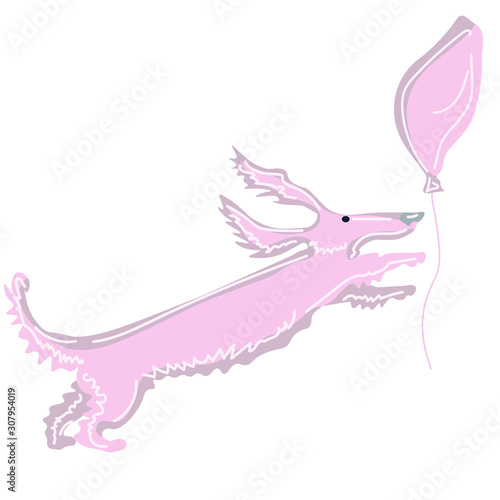 Funny pink dog runs after a balloon. Graphic element. Vector, isolated.