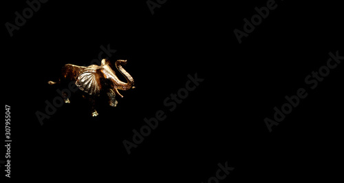 Beautiful photo of the golden elephant metal sculpture in black background