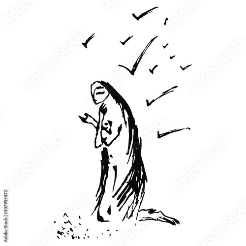 Kneeling praying naked woman stands on beach surrounded by flying birds. Hand drawn ink sketch. Black and white silhouette. Original art. Isolated vector illustration.