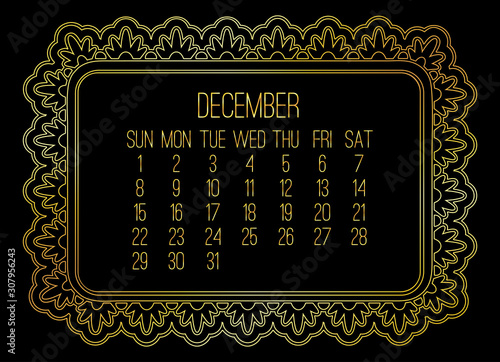 December year 2019 monthly golden calendar