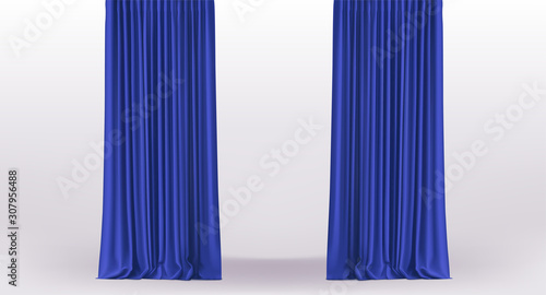 Background with straight luxury blue curtains and draperies