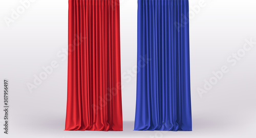 Background with collection of straight luxury red and blue curtains and draperies