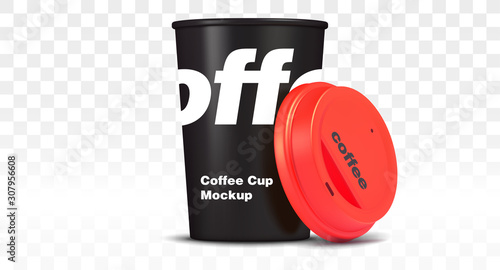 black cup of coffee with red cap, mockup vector illustration