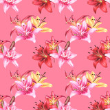 Seamless floral pattern, red orange pink lilies, watercolor painting, stock illustration. Fabric wallpaper print texture.