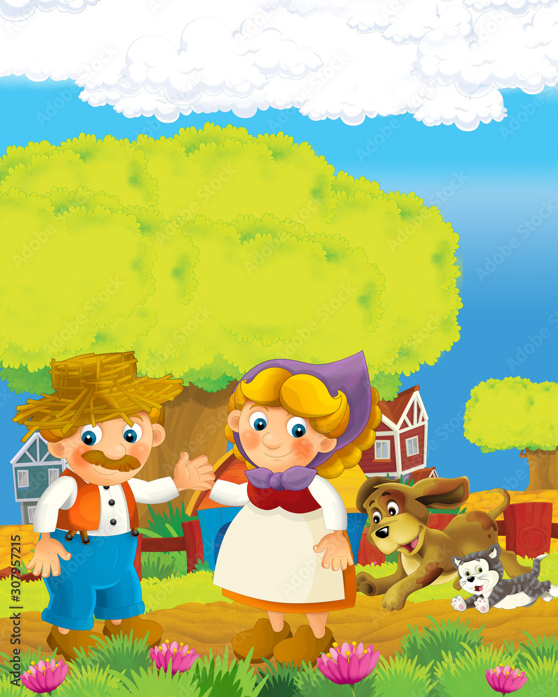 cartoon scene with happy farmer man and woman on the farm ranch illustration for the children cartoon scene with happy farmer man and woman on the farm ranch illustration for the children