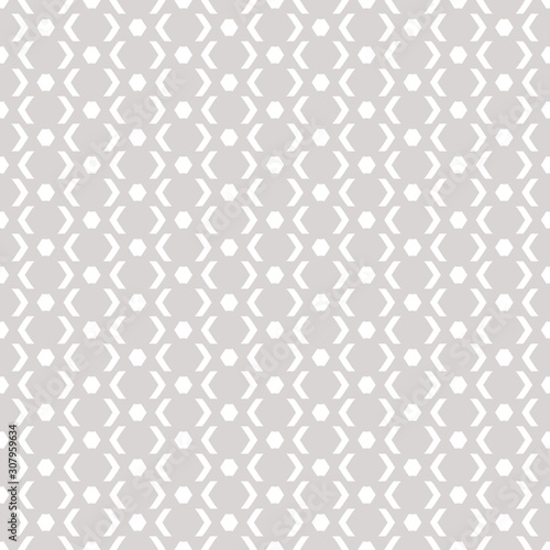 Subtle pastel background. Vector abstract geometric seamless pattern with simple figures, small lines, hexagons, arrows. Modern geometrical ornament. White and gray texture. Elegant repeat design