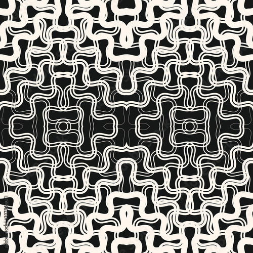 Vector abstract geometric seamless pattern with tangled curved fading shapes, wavy lines. Halftone transition effect, optical art texture. Trendy black and white graphic background. Creative design