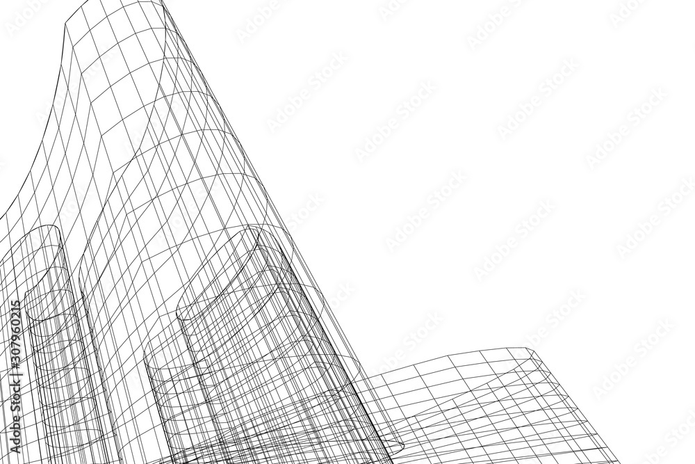 Modern architecture building. Linear 3d illustration. Concept sketch Modern architecture building. Linear 3d illustration. Concept sketch