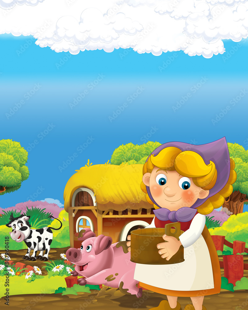 Fototapeta premium cartoon scene with happy farmer woman on the farm ranch illustration for the children