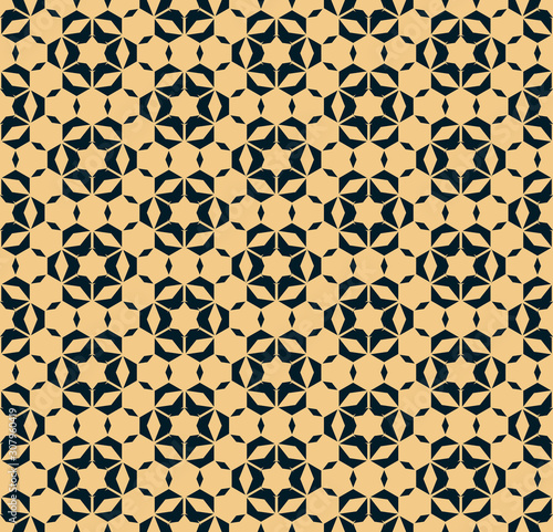 Abstract floral geometric seamless pattern with hexagonal shapes, stars, flower silhouettes, grid, mesh. Vector ornamental texture. Elegant black and yellow background. Repeat design for decor, fabric